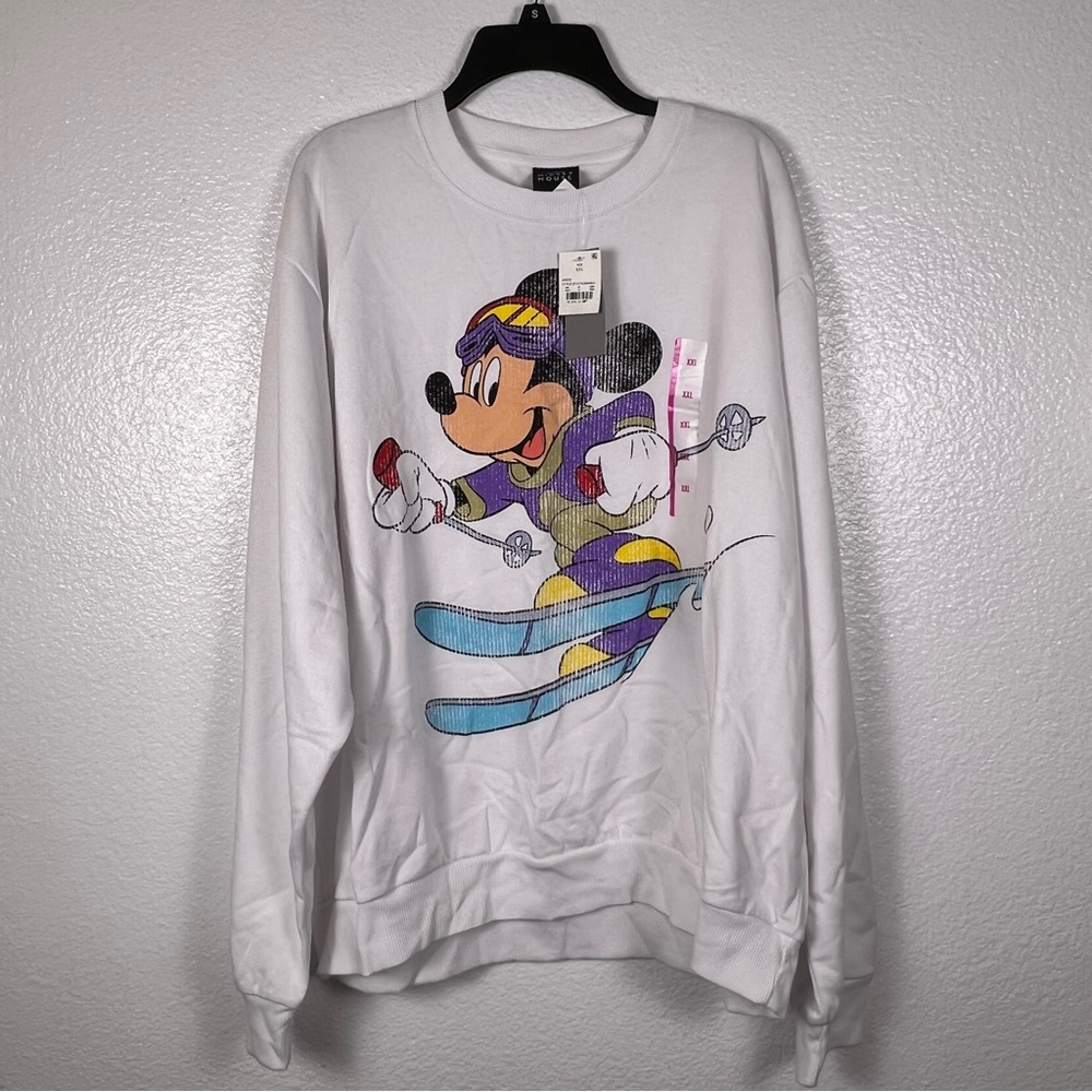 Disney Men's White and Purple Mickey‎ Mouse Crewneck Sweater